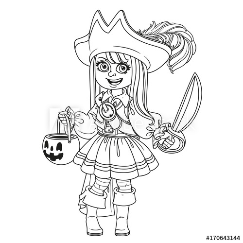 Cute girl in pirate costume with a pumpkin bag for sweets trick or treat  outlined for coloring page - Buy this stock vector and explore similar  vectors at Adobe Stock | Adobe Stock