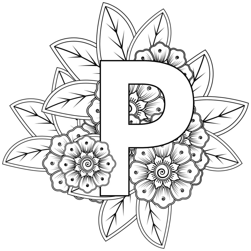 Letter P with Mehndi flower. decorative ornament in ethnic oriental style.  coloring book page. 5239456 Vector Art at Vecteezy