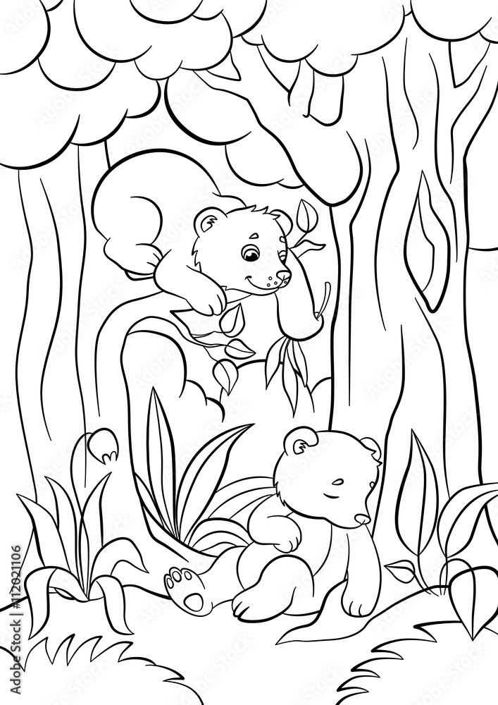 Coloring Page. Wild Animals. Two Little Cute Baby Bears In The Forest