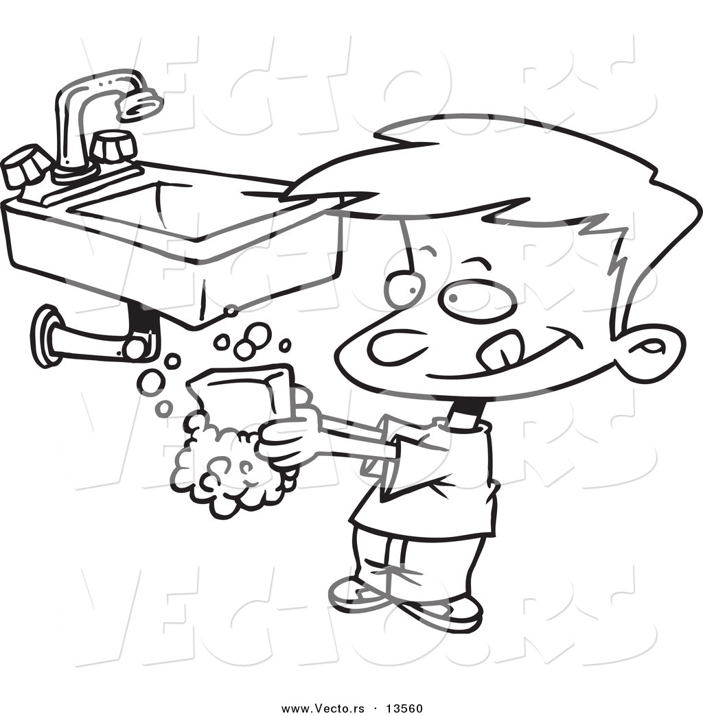 Vector of a Cartoon Boy Washing His Hands with Soap - Coloring Page Outline  by toonaday - #13560