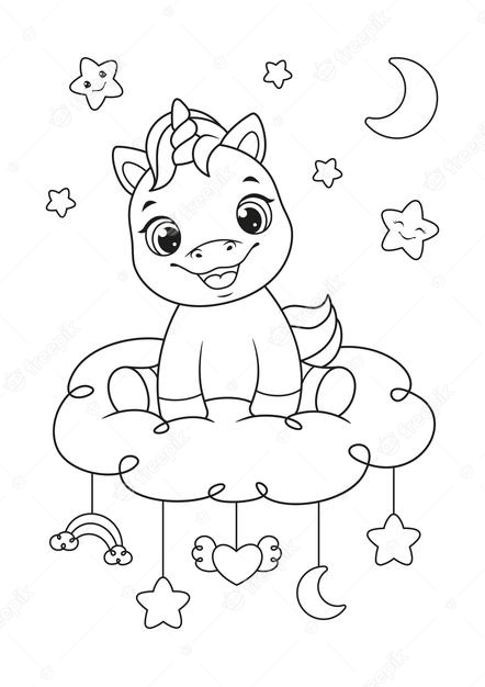 Premium Vector | Happy baby unicorn sitting on the cloud coloring page