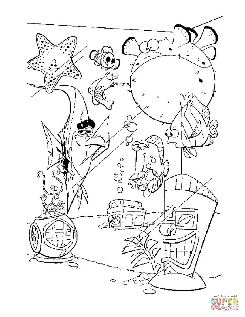 Fish in the tank - Finding Nemo coloring page