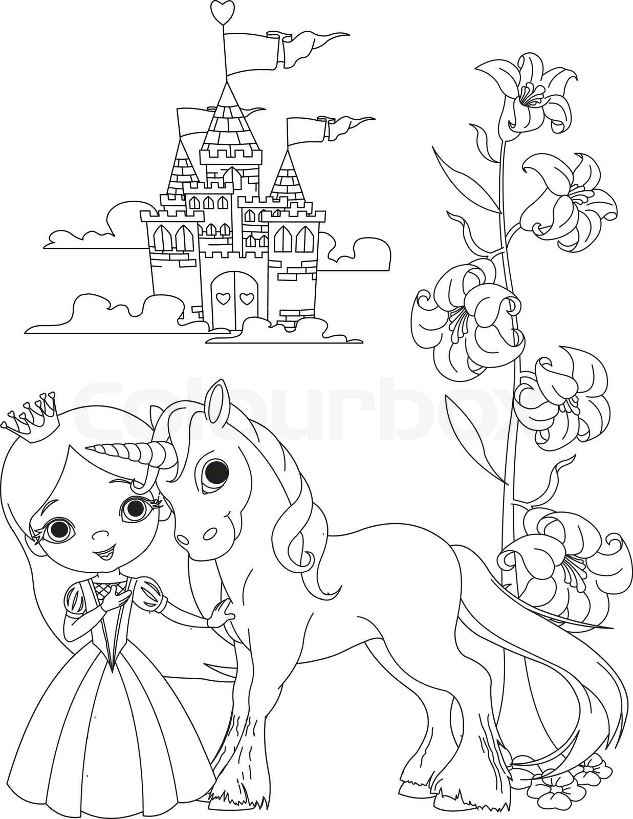 The Beautiful princess and her cute unicorn coloring page | Stock vector |  Colourbox