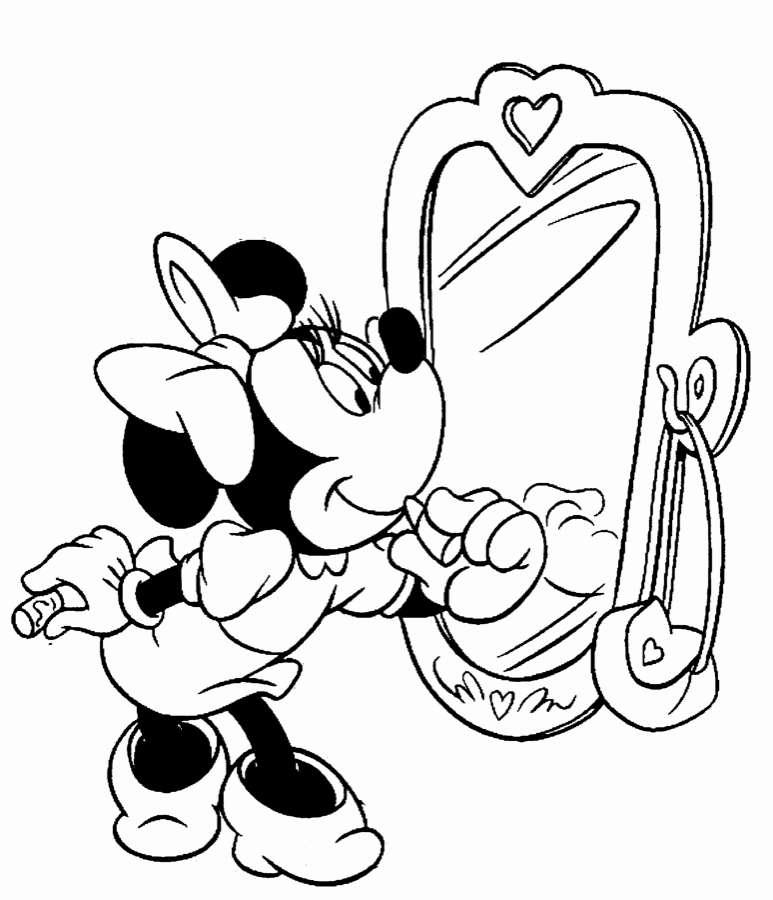 Minnie Mouse Looking at the Mirror Printable Coloring PAge |