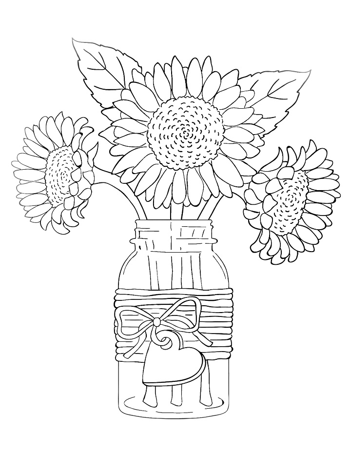 Printable Sunflowers in Vase coloring page for both aldults and kids.