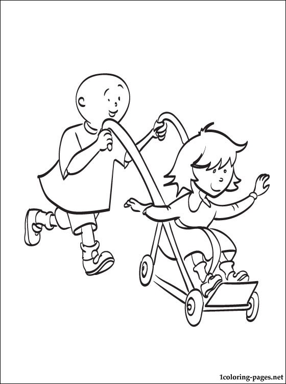 Caillou pushing Rosie in stroller | Coloring pages