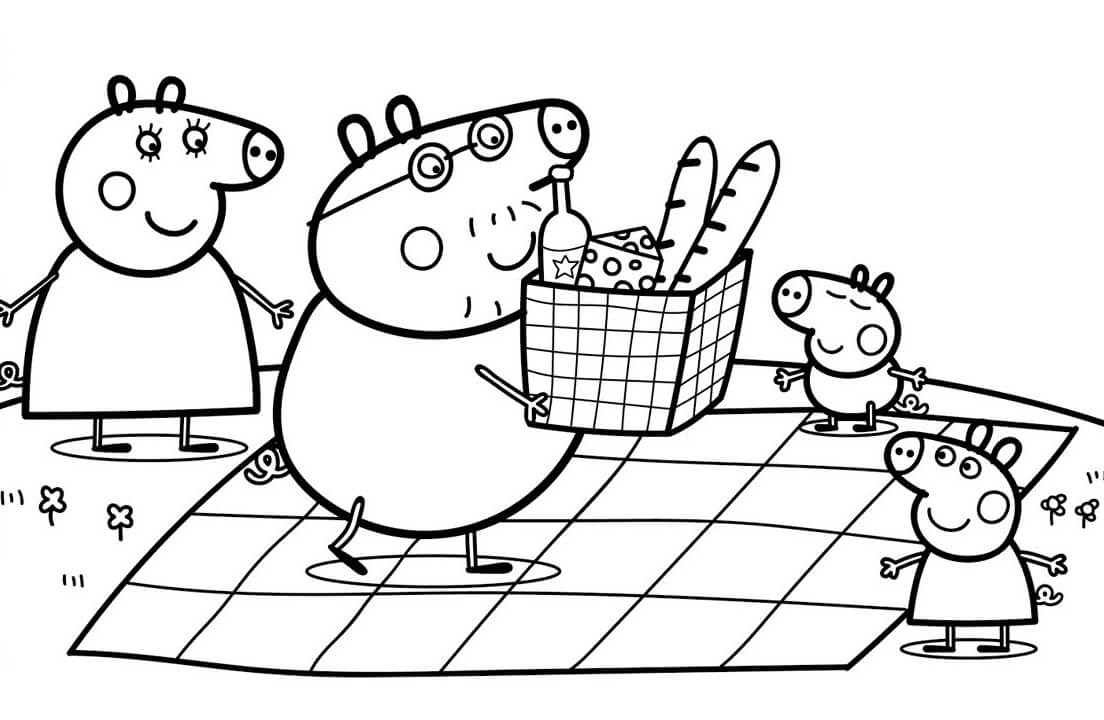 Peppa Pig Family Go for a Picnic Coloring Page - Free Printable Coloring  Pages for Kids