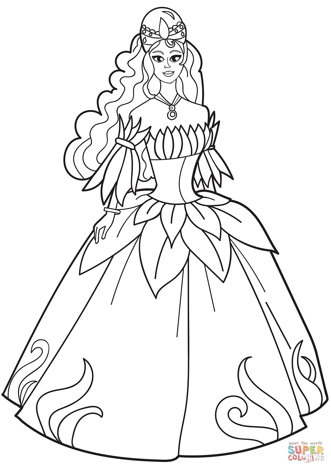 Princess in Flower Dress coloring page | Free Printable Coloring Pages