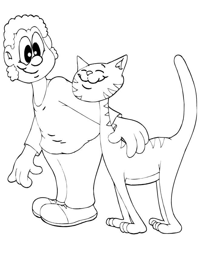 Cat Coloring Page | A Boy With A Big Happy Cat