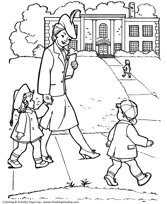 Grandparents Day Coloring Pages - Grandma walks us to school 