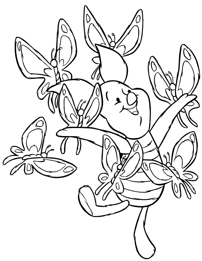 Piglet Dancing With Butterflies Coloring Page | Free Printable 