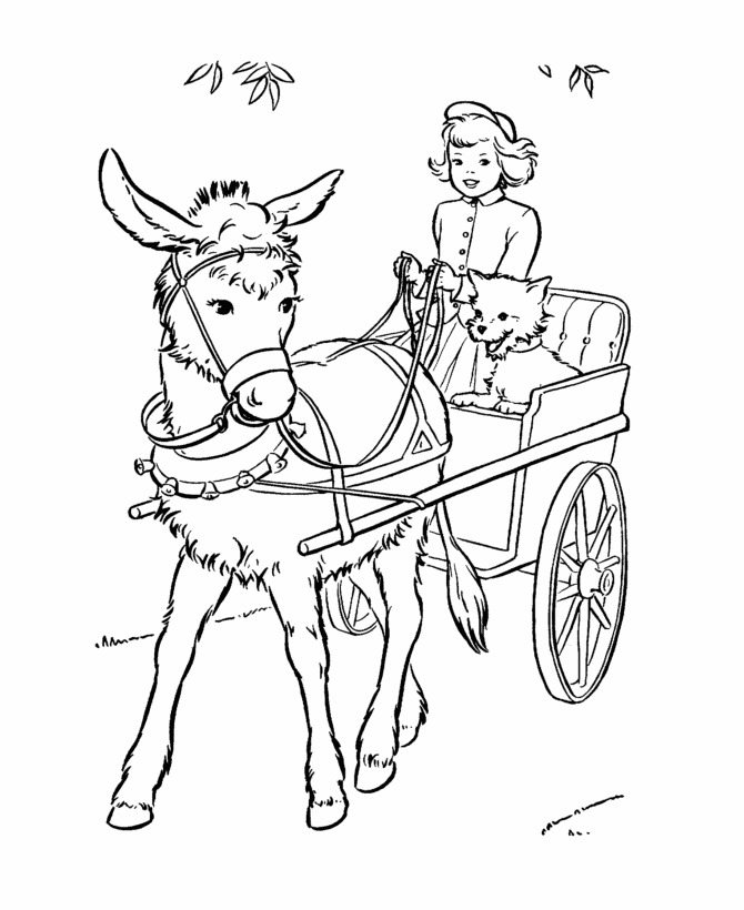 Farm Animal Coloring Pages | Printable cute donkey cart Coloring 