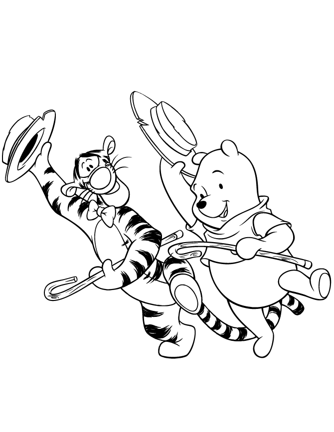 Cute Tigger And Pooh Dancing With Hat And Cane Coloring Page | HM 