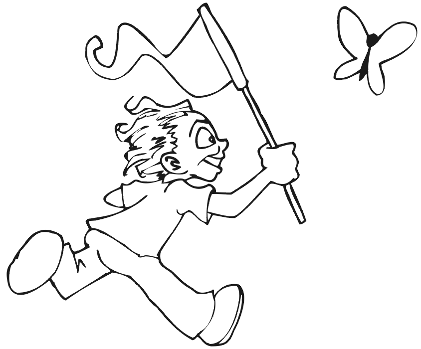 summer coloring page of boy chasing butterfly