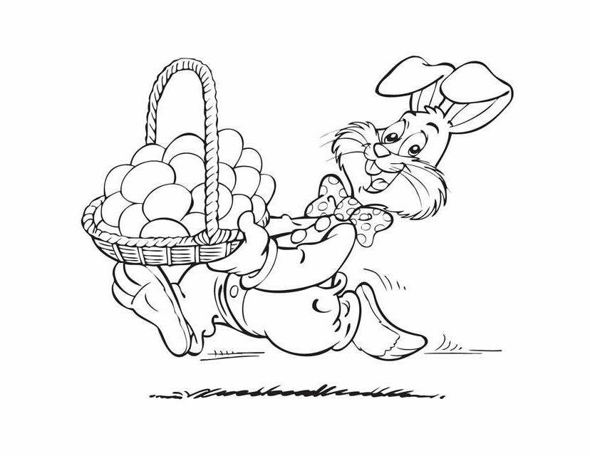 Easter Bunny running with eggs - Free Printable Coloring Pages