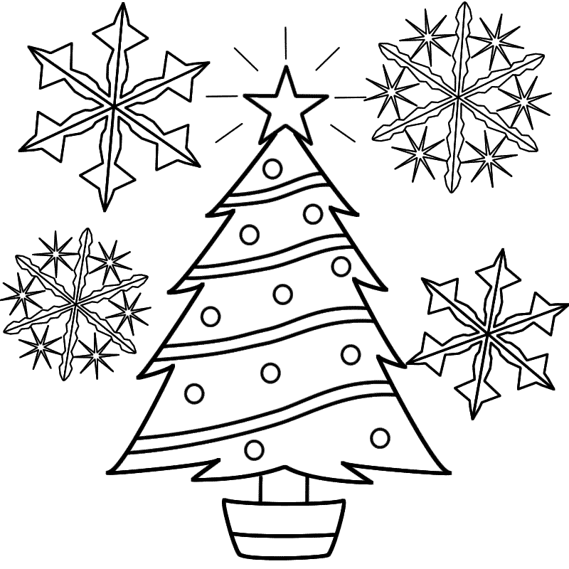 Christmas Tree with Snowflakes - Coloring Page (