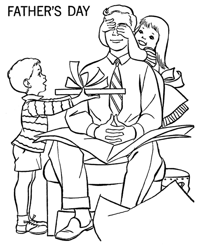 Father's Day Coloring Pages - Son and Daughter give Dad a present 