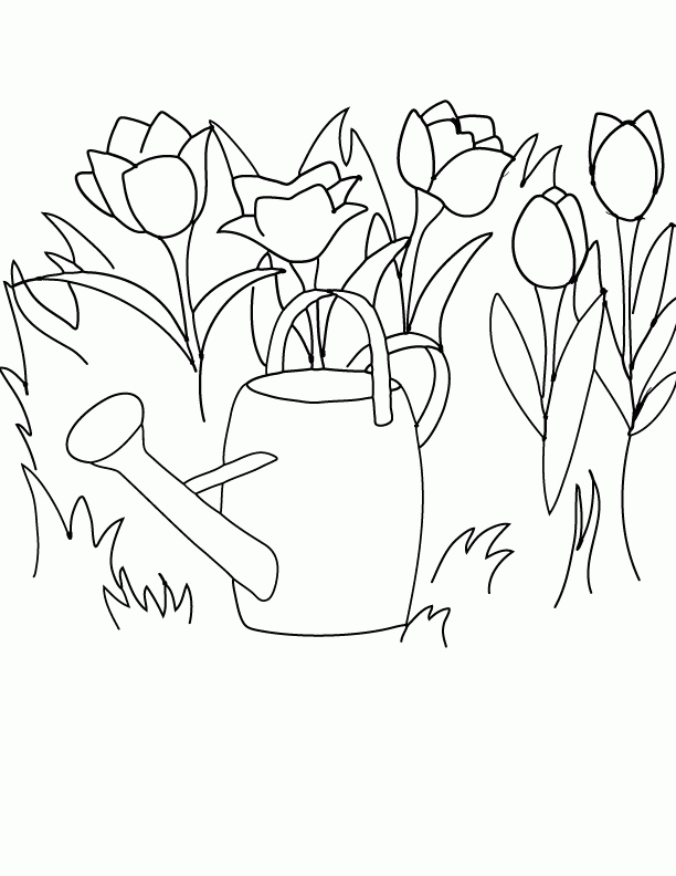 Free Printable Coloring Page and Clipart: Tulips and a Watering Can