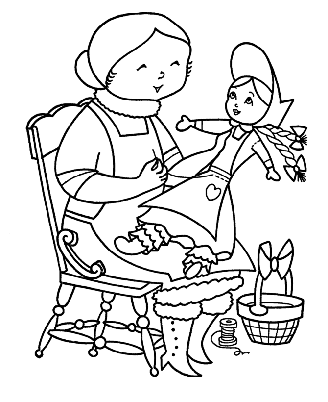 Christmas Toys Coloring Pages - Ms Claus making a Christmas Doll 
