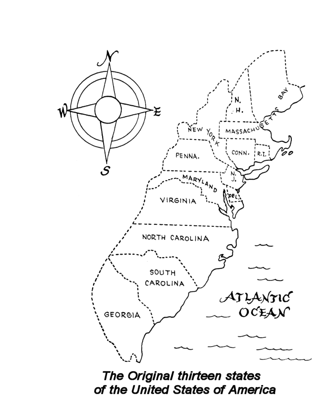 July 4th Coloring Pages - map of first 13 States of the United 