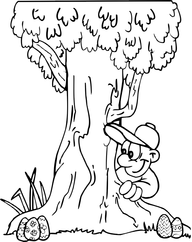 Easter Egg Coloring Page | An Outdoor Egg Hunt by a Tree