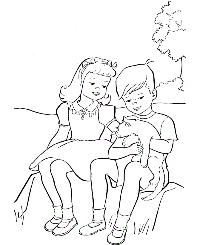 Little Couple With Cat Coloring Page | Kids Coloring Page