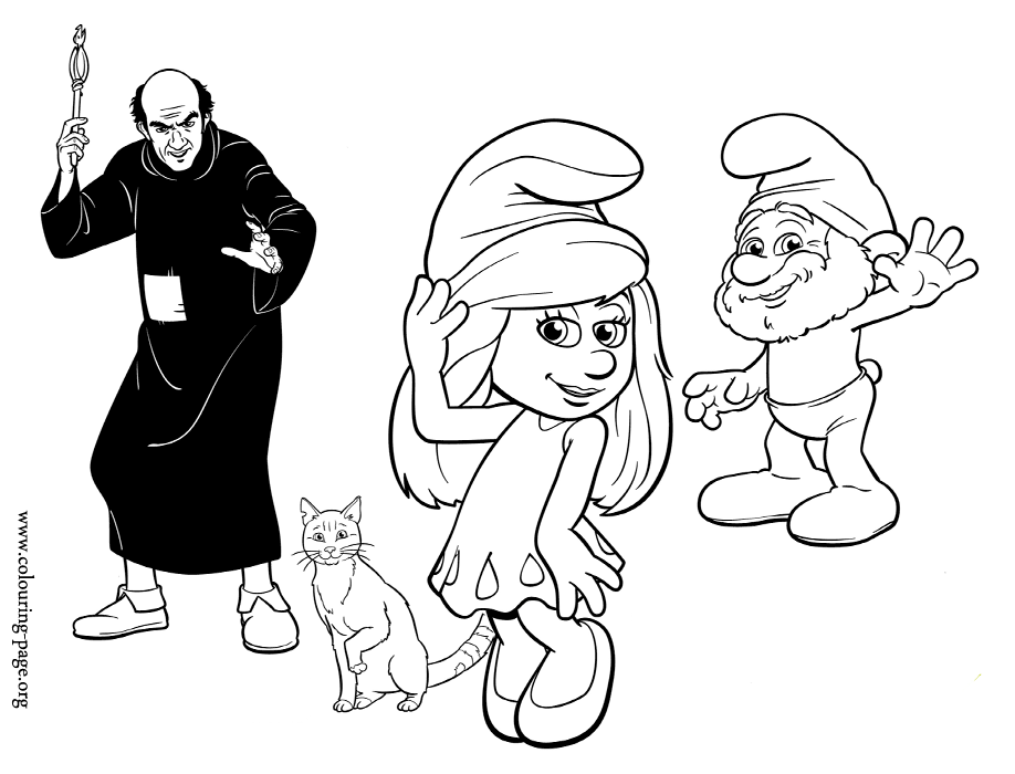 The Smurfs - Gargamel, Smurfette and Papa Smurf coloring page