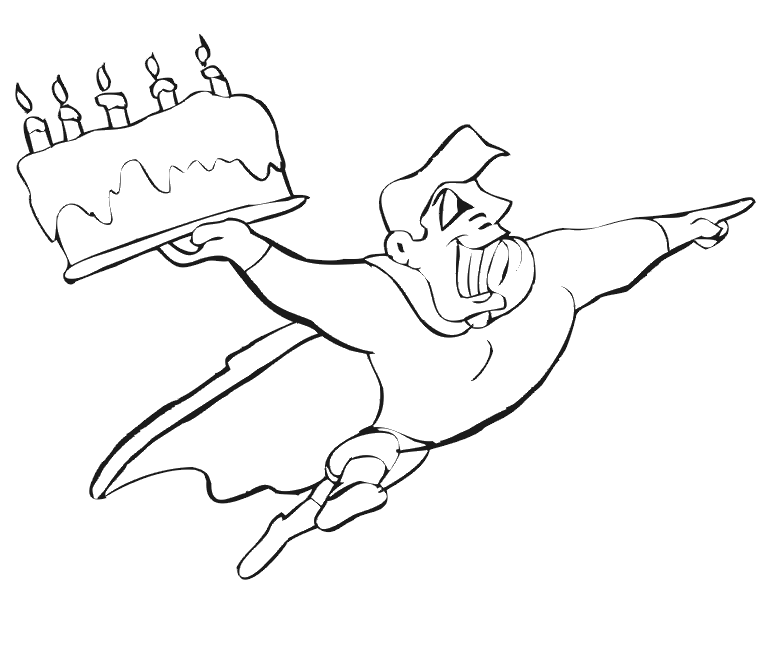 Birthday Coloring Page | A Superhero Flying With a Cake
