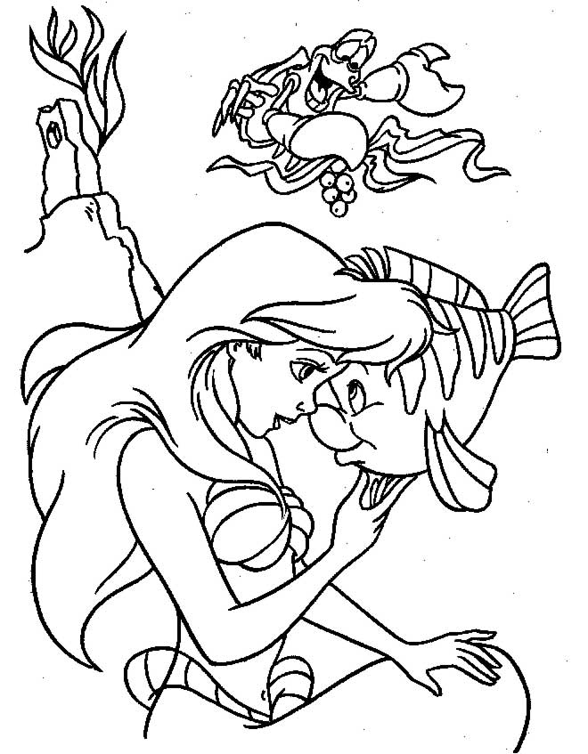 Ariel The Mermaid Kiss Flounder Coloring Page Upins Printables