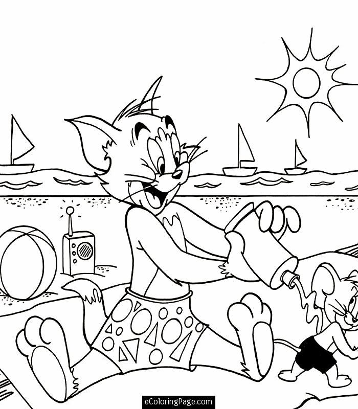 Tom and Jerry With a Beach Ball Playing at the Beach Coloring Page 