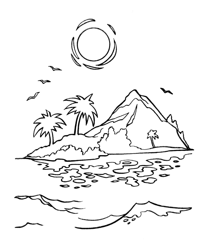 Sunset In an Island Coloring Page | Kids Coloring Page