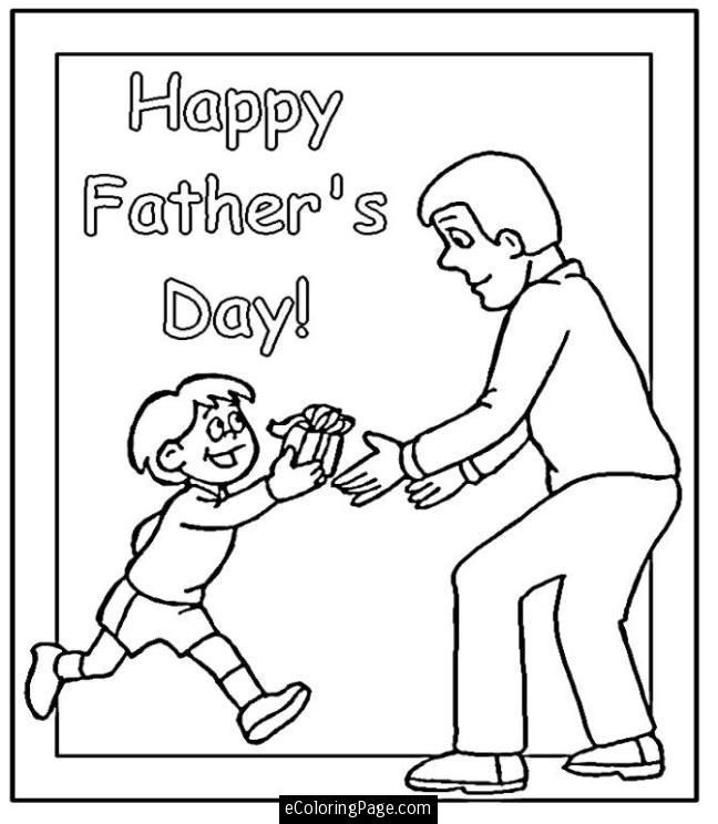 Happy Fathers Day Son Giving Gift to Dad Coloring Page for Kids 
