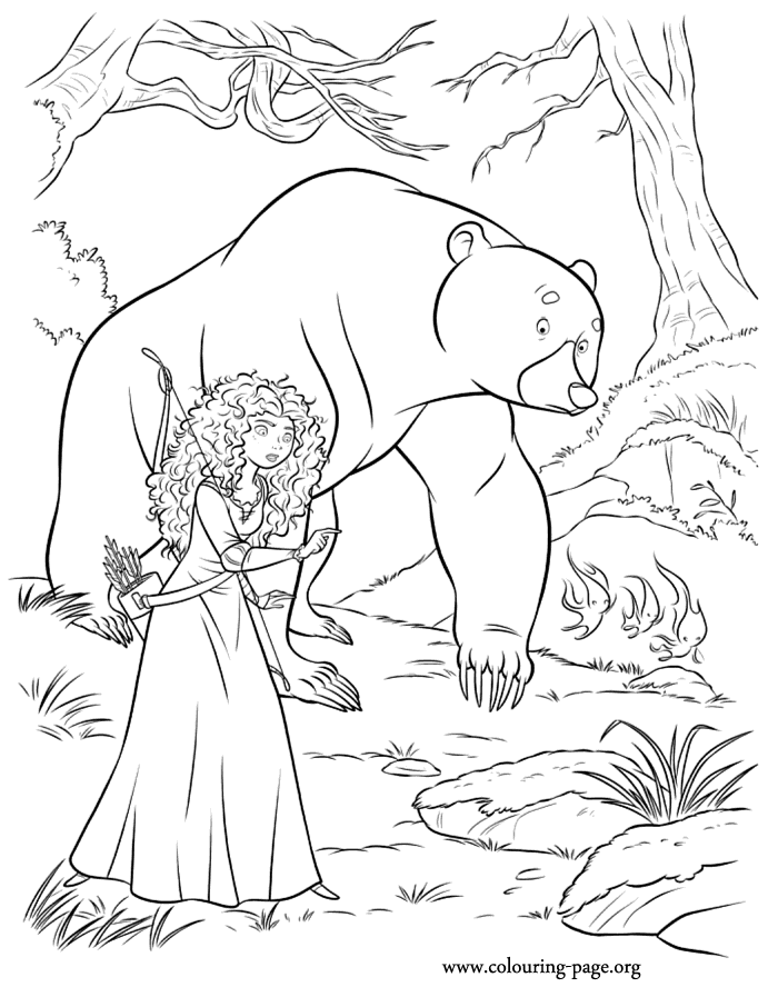 Brave - Merida, bear and the will o' the wisps coloring page