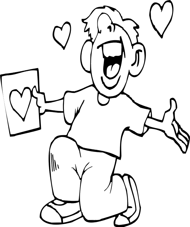 Valentine Coloring Page | A Happy Guy Holding a Valentine Card