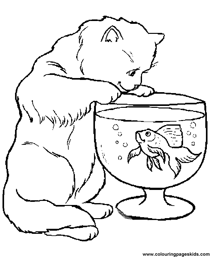 Free printable Animal coloring pages - Cat and Fish bowl for kids 