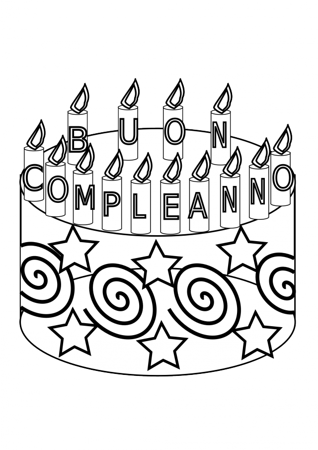 Compleanno Happy Birthday Cake Black White Line Art Coloring Book 