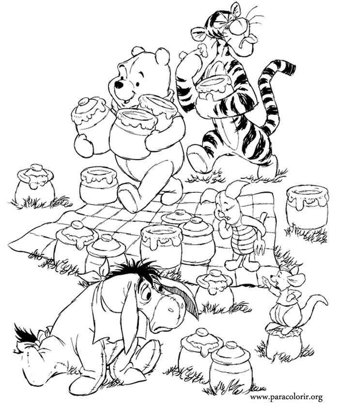 Winnie the Pooh - Winnie the Pooh and Friends at Picnic coloring page