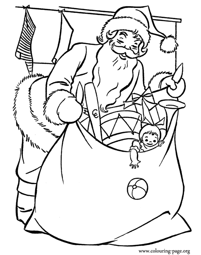 Christmas - Santa Claus with a bag of gifts coloring page