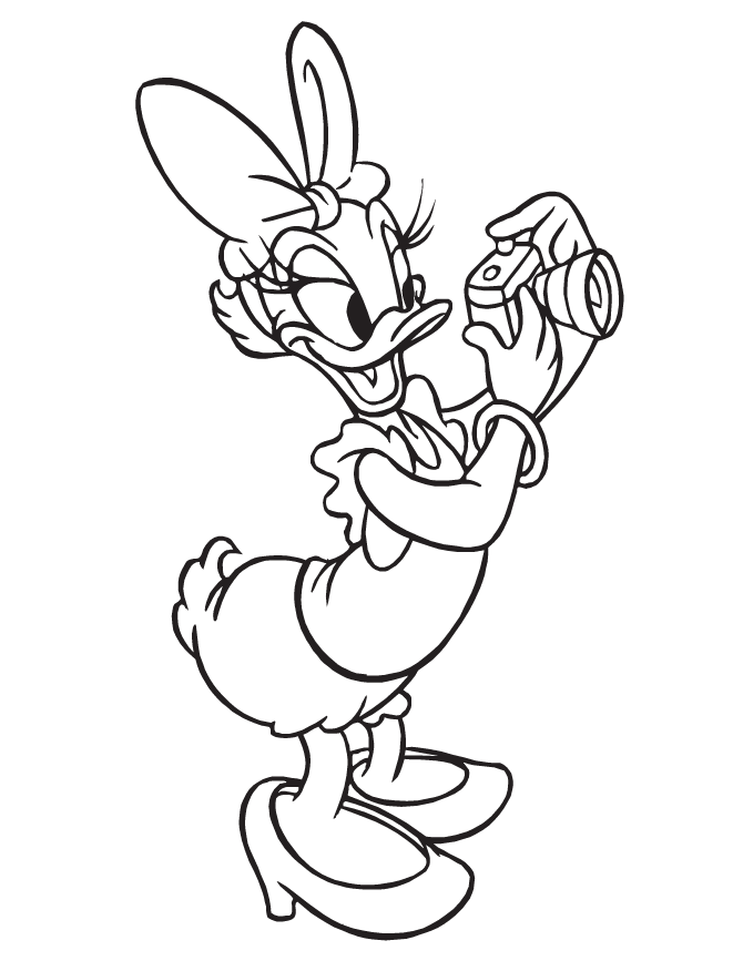Cute Daisy Duck With Camera Coloring Page | HM Coloring Pages
