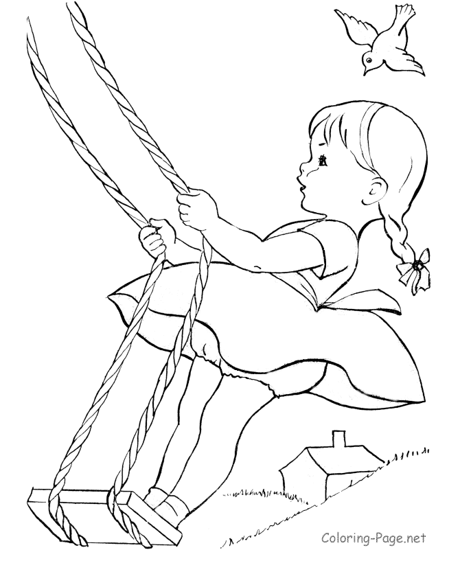 Summer Coloring Book Pages - Little girl swing
