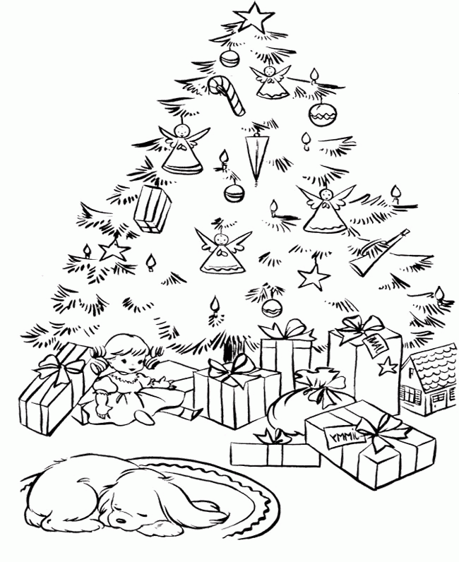 Tree Coloring Pages : Christmas Tree With Many Presents Coloring 