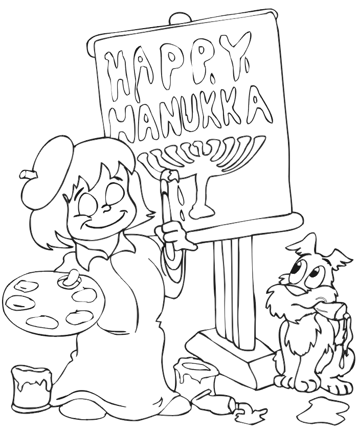 Girl Painting Hanukkah Poster - Coloring Page