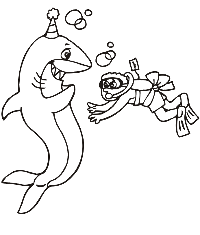 Shark Coloring Page | Shark Wearing Party Hat