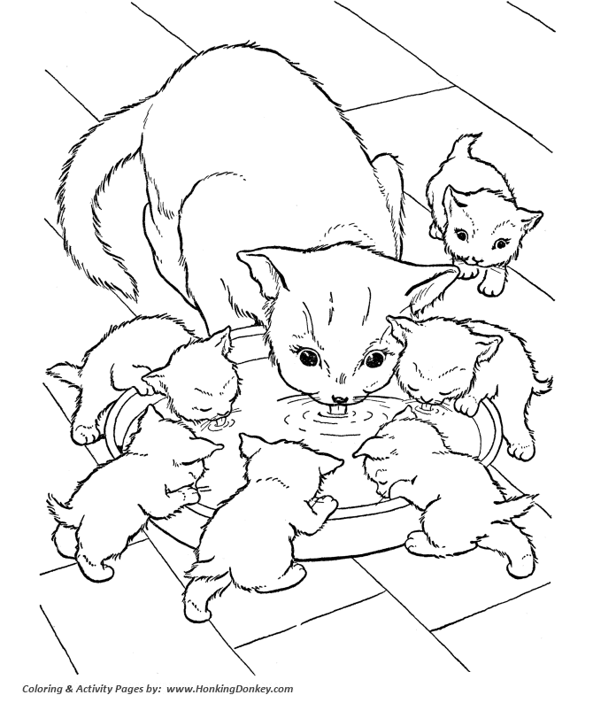 Cat Coloring Pages | Printable Cat and kittens drinking milk 