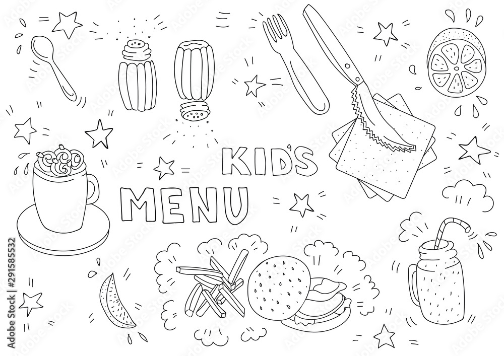 Black and white illustration for kids menu with burger, french fries,  lemon, cocoa, smoothies in doodle style. Page of a children's coloring book.  Blank A3 horizontal format Stock Vector | Adobe Stock