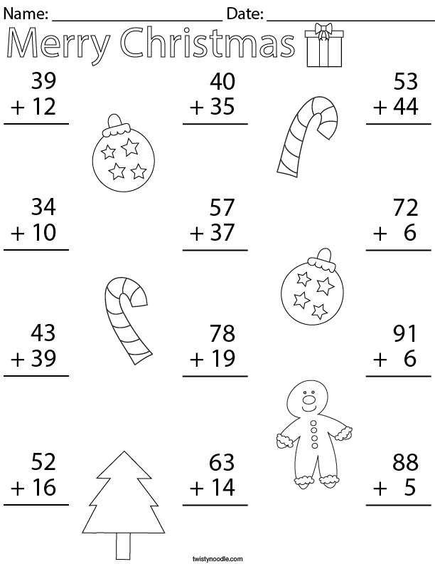Christmas Double Digit Addition Math Worksheet - Twisty Noodle