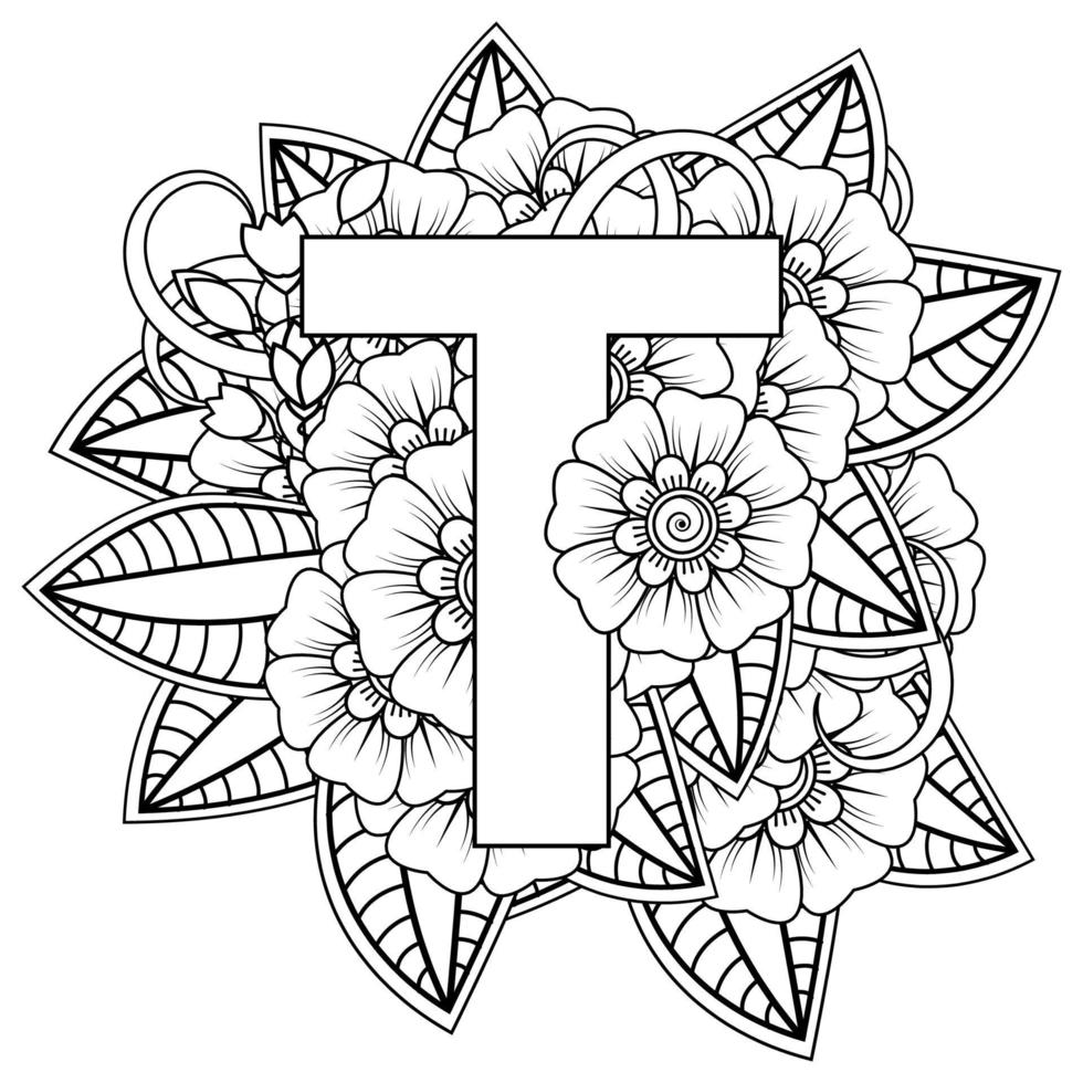Letter T made of flowers in mehndi style. coloring book page. outline  hand-draw vector illustration. 5239670 Vector Art at Vecteezy