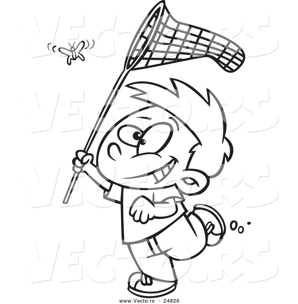 Vector of a Cartoon Boy Chasing a Butterlfy with a Net - Outlined ...
