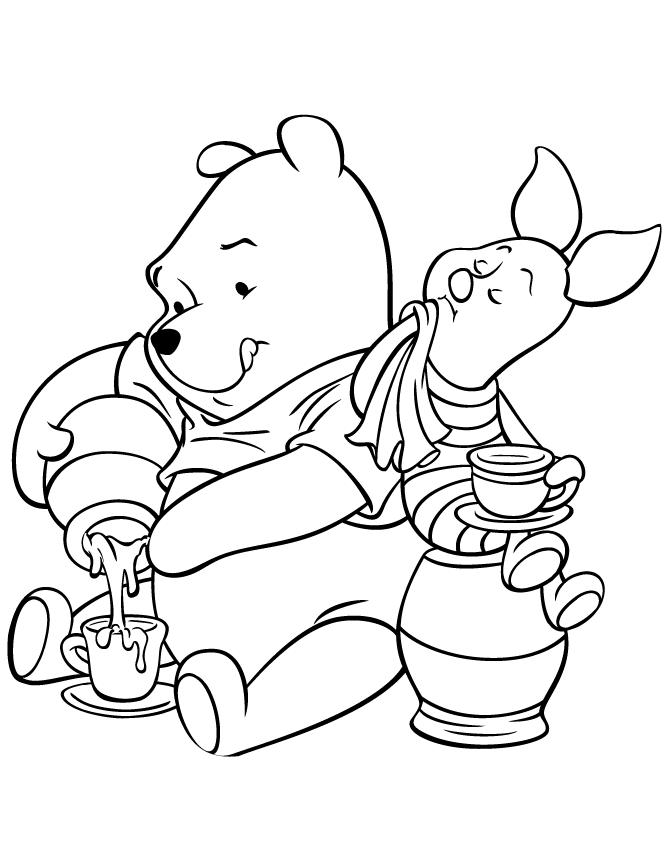 Tea Time Winnie The Pooh And Piglet Coloring Page | HM Coloring Pages