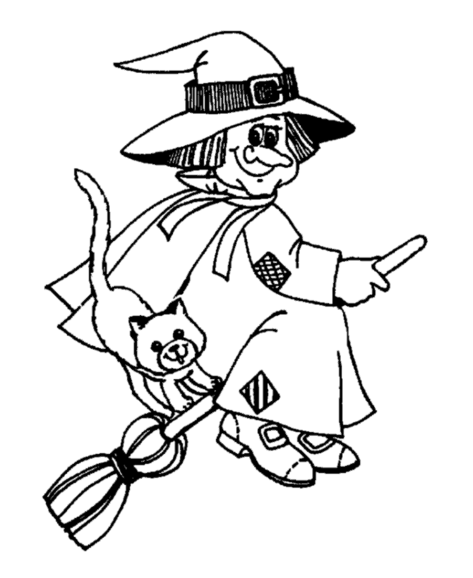 Halloween Witch Coloring Pages - Happy Old Witch Riding a Broom 